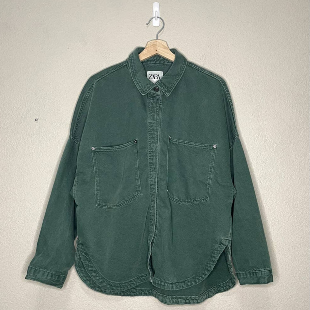 Zara Shirt Jacket Green Denim Snap Up Oversized Drop Shoulder Casual Relaxed